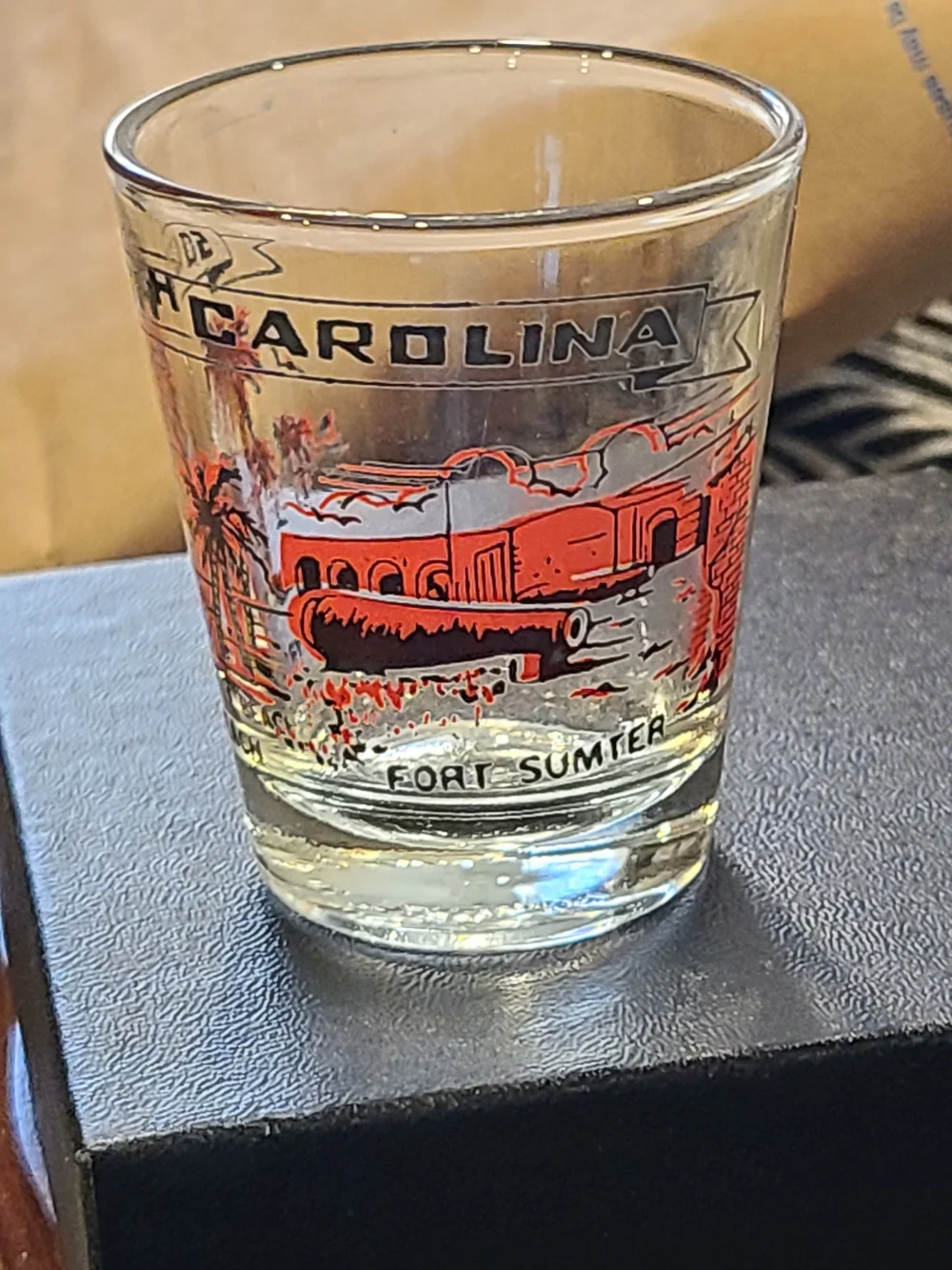 Vintage Fort Sumter Souvenir Shot Glass - Clear with Red and Black Design